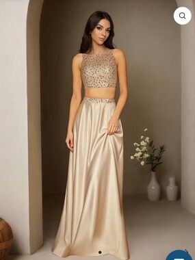 Champagne Beaded Two-Piece Prom Dress